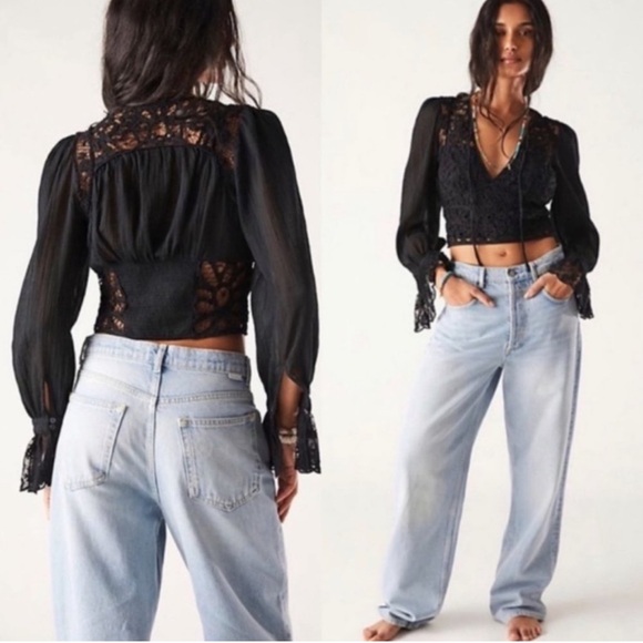 Free People Sorelle Black Lace Top - Picture 1 of 3